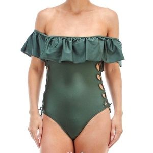 Ruffle Off the Shoulder Lace Up Swimsuit